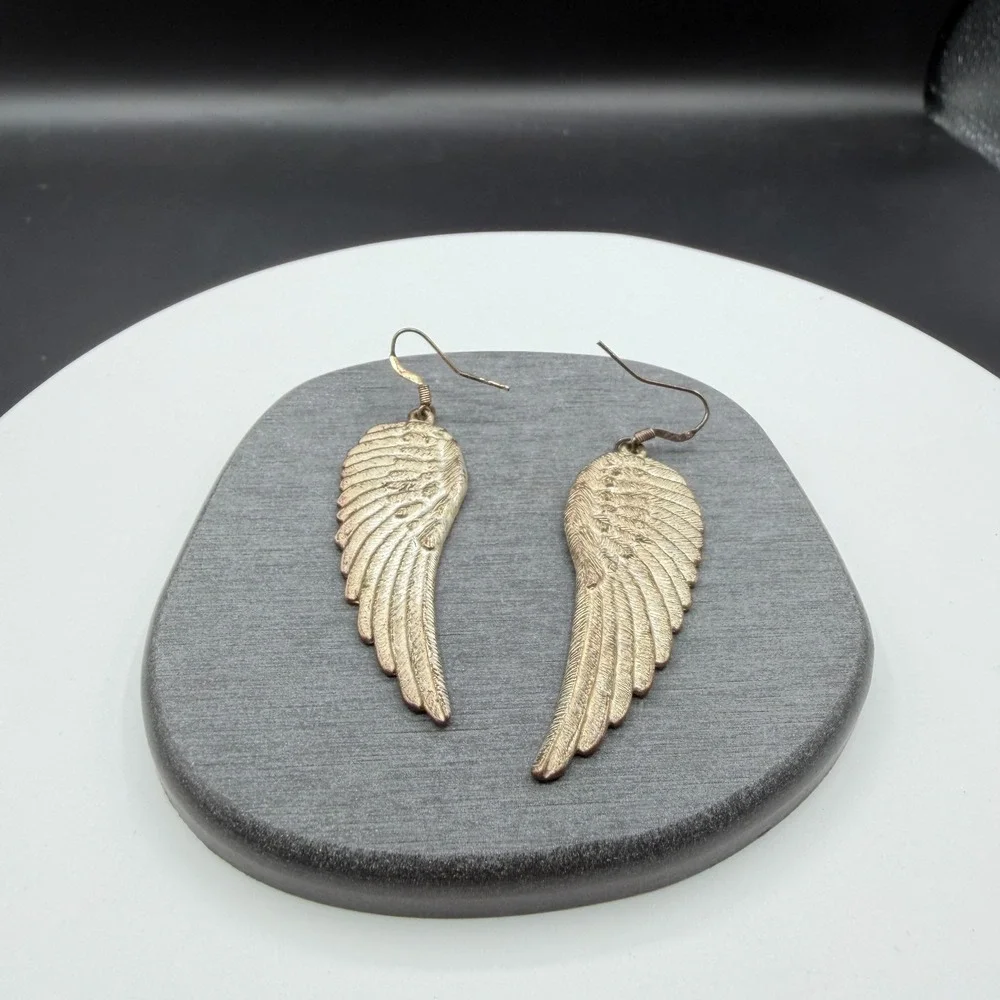 Gold Tone Angel Wing Feather Long Dangle Drop Earrings Boho Statement Jewelry